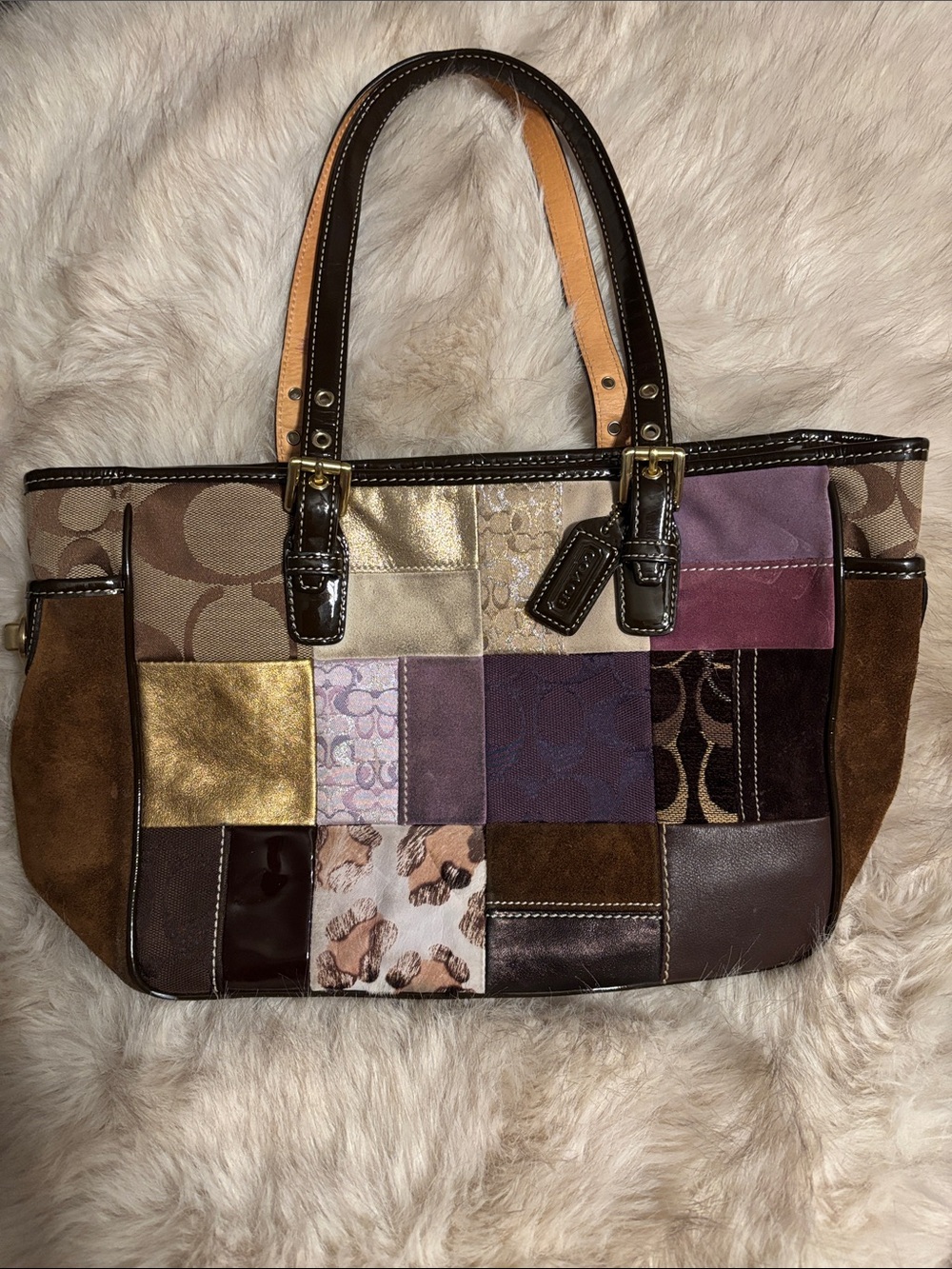 Coach Patchwork Tote in Brown, Gold, Purple and Tan